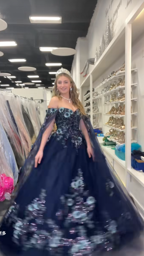 Fairy Navy Blue Ball Gown Sweet 16 Dress Tulle Applique Quinceanera Dress ED10385