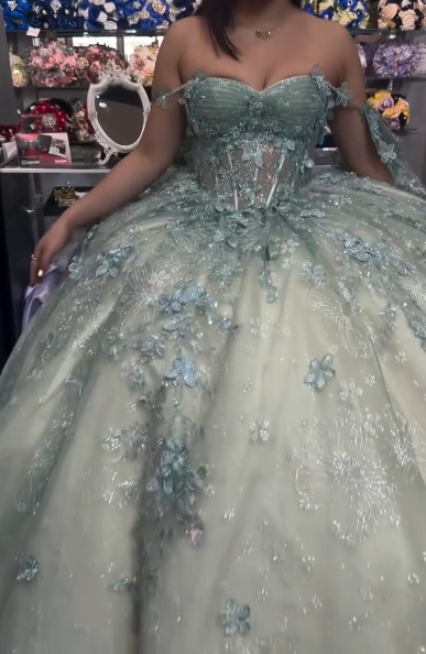 Fairy Green Ball Gown Sweet 16 Dress Tulle Applique Quinceanera Dress ED10387