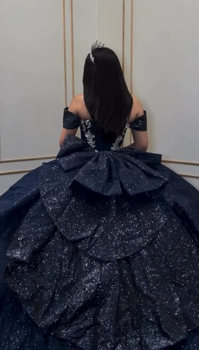 Robe de bal bleu marine féerique pour 16e anniversaire, en tulle avec appliqués, robe de Quinceanera ED10388