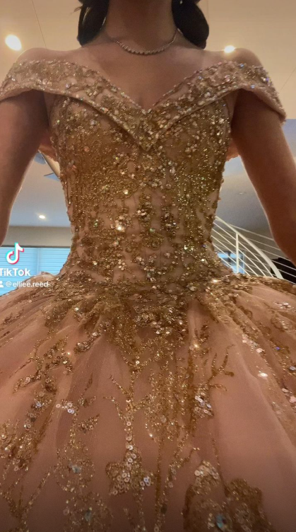 Feenhaftes Ballkleid in Gold, Sweet 16 Kleid, Tüll-Applikationen, Quinceanera Kleid ED10391