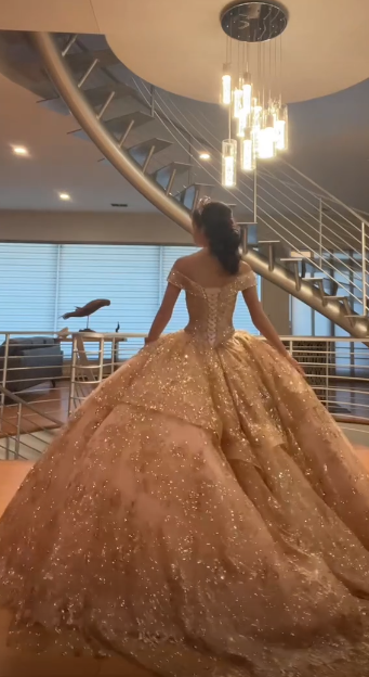 Feenhaftes Ballkleid in Gold, Sweet 16 Kleid, Tüll-Applikationen, Quinceanera Kleid ED10391