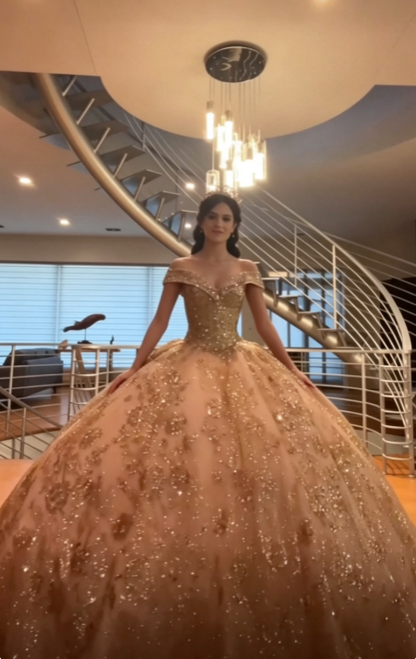 Feenhaftes Ballkleid in Gold, Sweet 16 Kleid, Tüll-Applikationen, Quinceanera Kleid ED10391