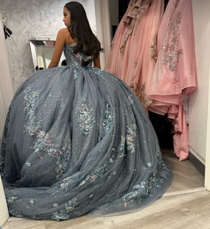 Fairy Grey Blue Ball Gown Sweet 16 Dress Tulle Applique Quinceanera Dress ED10394