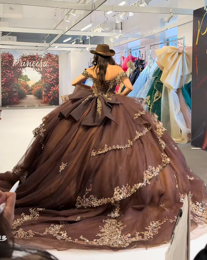 Märchenhaftes braunes Ballkleid, Sweet 16 Kleid, Tüll-Applikation Quinceanera Kleid ED10395