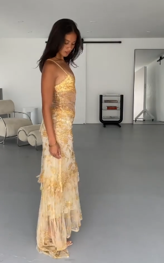 Chic Gold Prom Dress Chiffon Beaded Sheath Long Evening Dress ED10396