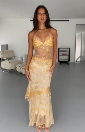 Chic Gold Prom Dress Chiffon Beaded Sheath Long Evening Dress ED10396