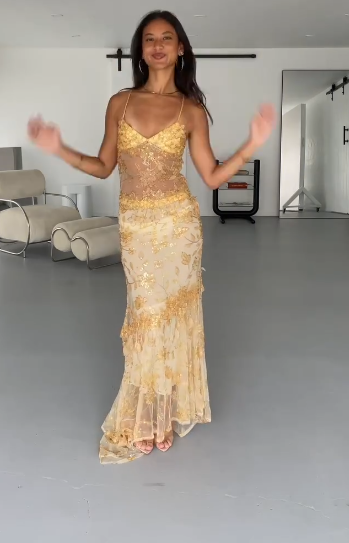 Chic Gold Prom Dress Chiffon Beaded Sheath Long Evening Dress ED10396