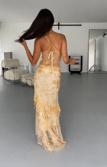 Chic Gold Prom Dress Chiffon Beaded Sheath Long Evening Dress ED10396