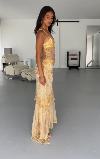 Chic Gold Prom Dress Chiffon Beaded Sheath Long Evening Dress ED10396