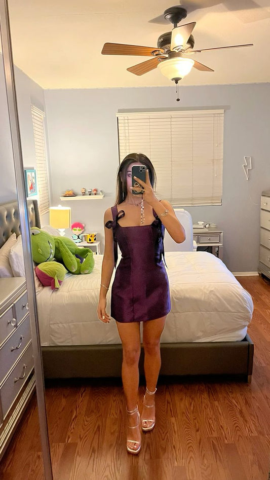 Chic Purple Short Homecoming Dress Sheath Satin Birthday Dress ED10398