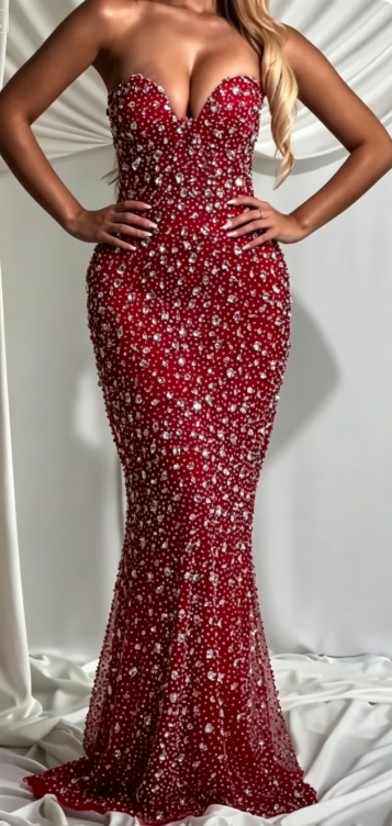 Chic Burgundy Prom Dress Chiffon Beaded Mermaid Long Evening Dress ED10398