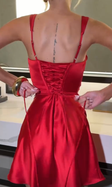 Charming Red Short Homecoming Dress Sheath Satin Birthday Dress ED10408