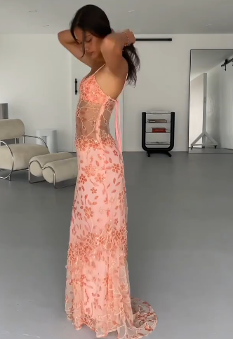 Chic Orange Prom Dress Sheath Chiffon Beaded Long Evening Dress ED10427