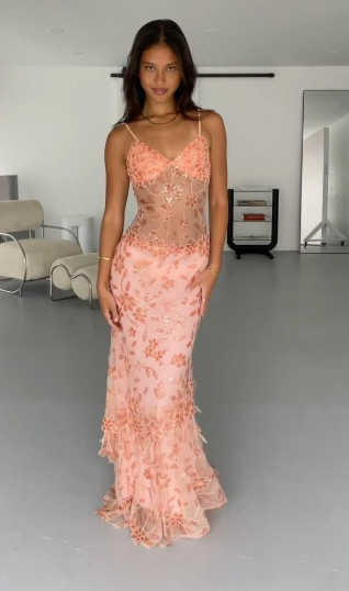 Chic Orange Prom Dress Sheath Chiffon Beaded Long Evening Dress ED10427
