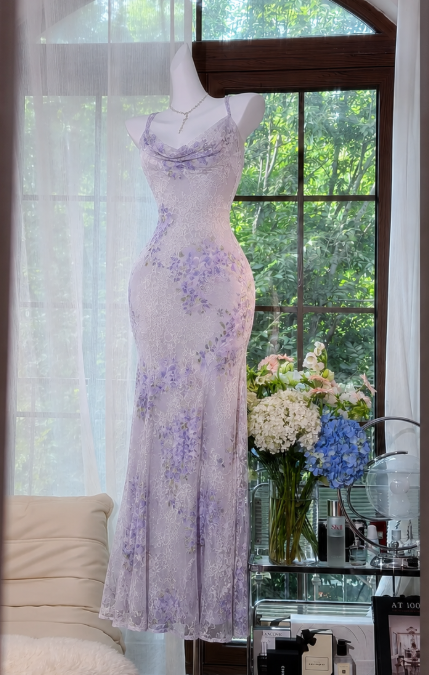 Chic Light Purple Prom Dress Sheath Lace Long Evening Dress ED10430