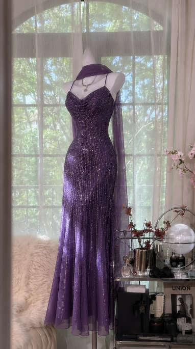 Chic Dark Purple Prom Dress Sheath Chiffon Beaded Long Evening Dress ED10431