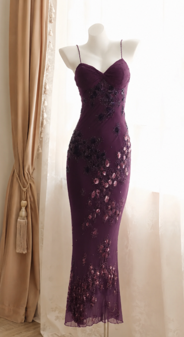 Chic Dark Purple Prom Dress Sheath Chiffon Beaded Long Evening Dress ED10432