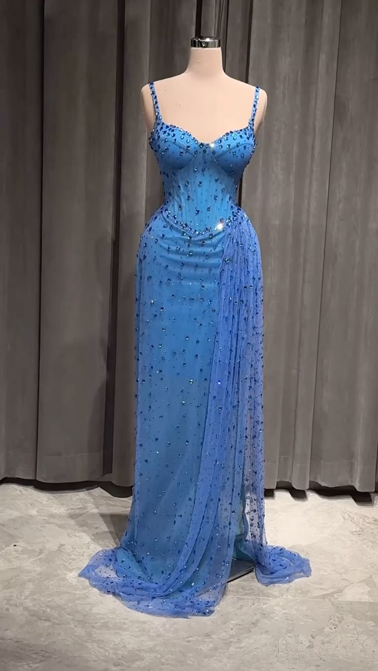 Chic Blue Prom Dress Sheath Chiffon Beaded Long Evening Dress ED10436