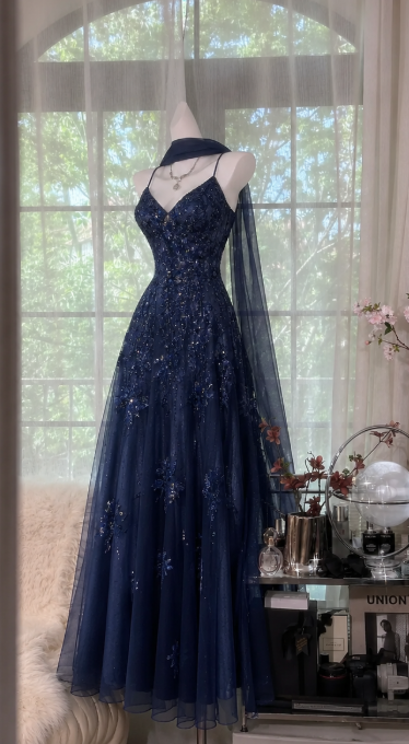 Chic Navy Blue Prom Dress A-Line Chiffon Beaded Long Evening Dress ED10438