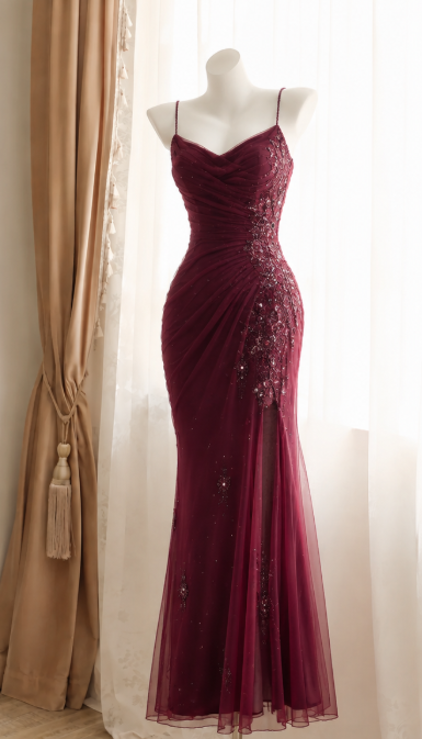 Chic Burgundy Prom Dress Sheath Chiffon Beaded Long Evening Dress ED10439