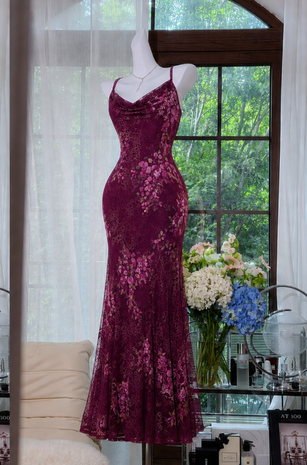 Chic Plum Prom Dress Sheath Lace Long Evening Dress ED10440