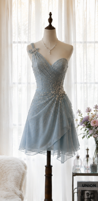 Charming Blue Short Homecoming Dress Sheath Chiffon Beaded Birthday Dress ED10441