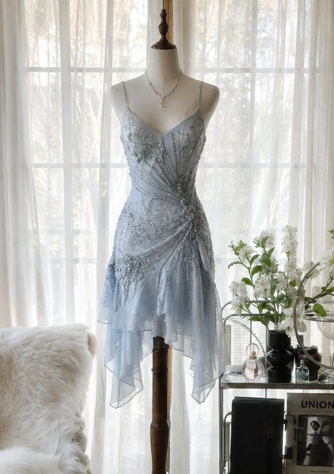 Charming Blue Short Homecoming Dress Sheath Chiffon Beaded Birthday Dress ED10442