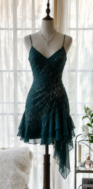 Charming Dark Green Short Homecoming Dress Sheath Chiffon Beaded Birthday Dress ED10454
