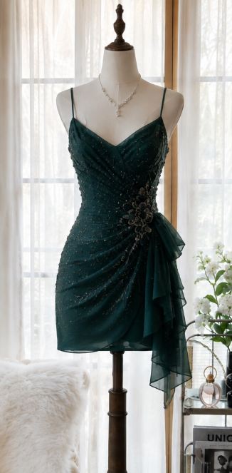 Charming Dark Green Short Homecoming Dress Sheath Chiffon Beaded Birthday Dress ED10456