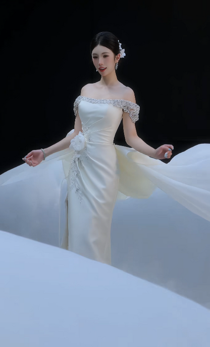 Chic White Sheath Satin Long Wedding Dress for Brides ED10462