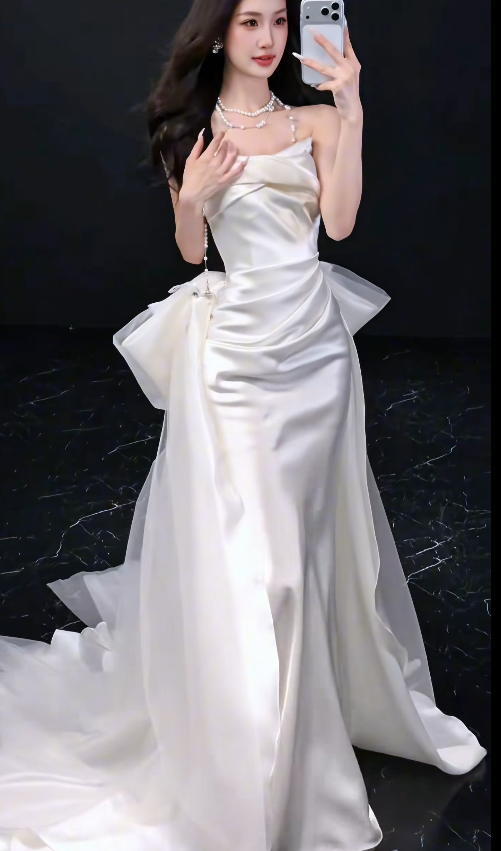 Chic White Sheath Satin Long Wedding Dress for Brides ED10464