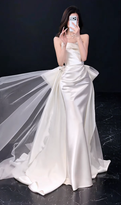 Chic White Sheath Satin Long Wedding Dress for Brides ED10464