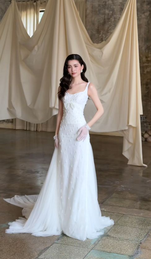 Chic White Sheath Tulle Beaded Long Wedding Dress for Brides ED10469