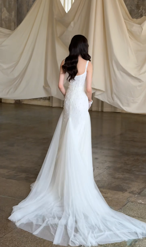 Chic White Sheath Tulle Beaded Long Wedding Dress for Brides ED10469