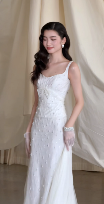 Chic White Sheath Tulle Beaded Long Wedding Dress for Brides ED10469