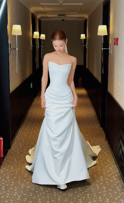 Chic White Sheath Satin Long Wedding Dress for Brides ED10470
