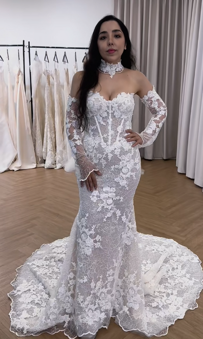 Chic White Mermaid Lace Long Wedding Dress for Brides ED10471