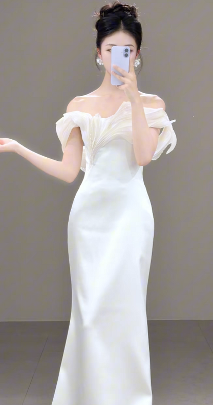 Chic White Sheath Satin Long Wedding Dress for Brides ED10473