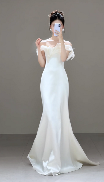 Chic White Sheath Satin Long Wedding Dress for Brides ED10473