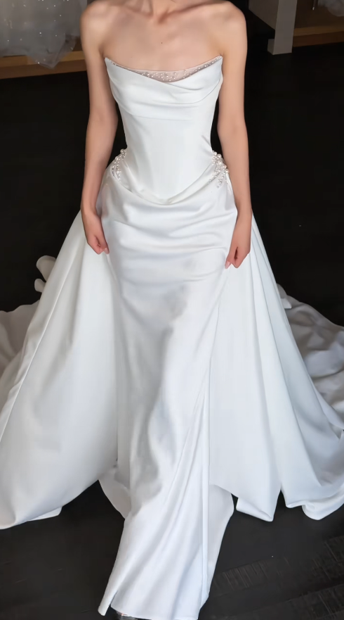 Chic White Sheath Satin Long Wedding Dress for Brides ED10474