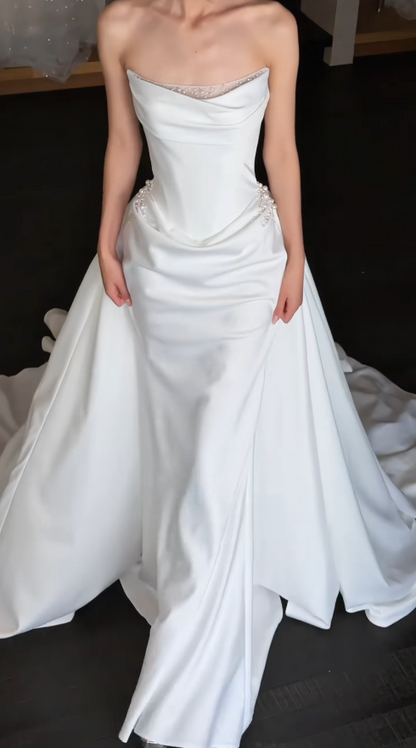 Chic White Sheath Satin Long Wedding Dress for Brides ED10474