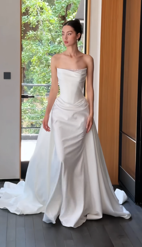 Chic White Sheath Satin Long Wedding Dress for Brides ED10474