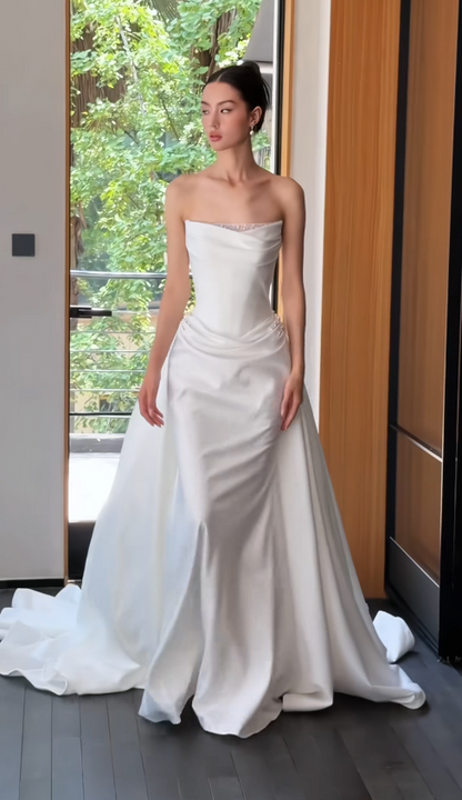 Chic White Sheath Satin Long Wedding Dress for Brides ED10474