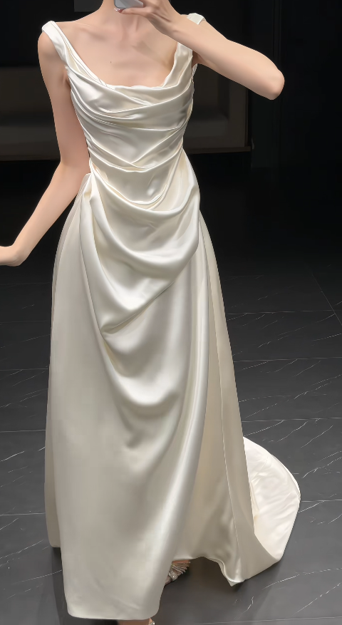Chic White Sheath Satin Long Wedding Dress for Brides ED10475