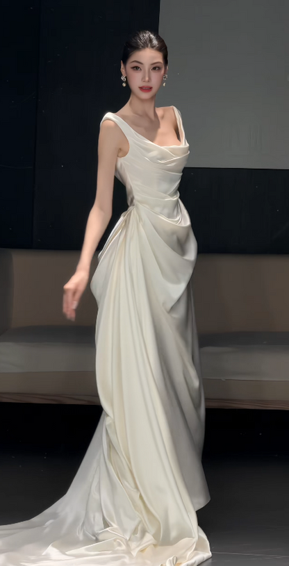 Chic White Sheath Satin Long Wedding Dress for Brides ED10475
