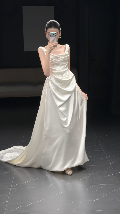 Chic White Sheath Satin Long Wedding Dress for Brides ED10475