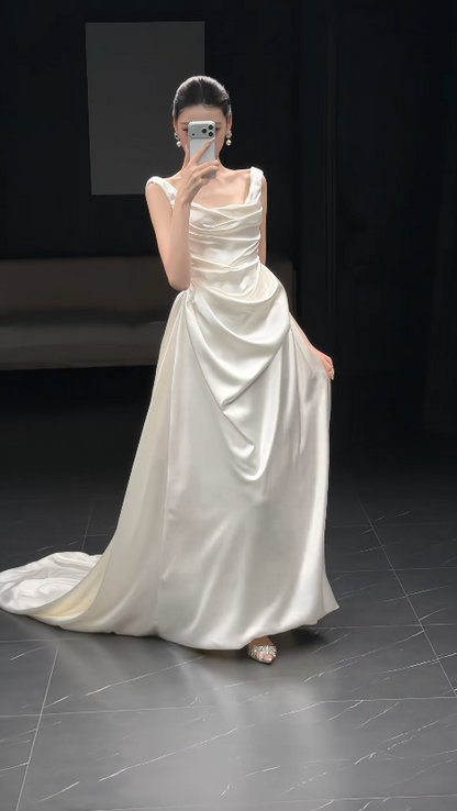 Chic White Sheath Satin Long Wedding Dress for Brides ED10475