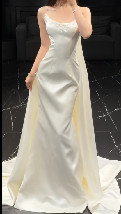 Chic White Sheath Satin Long Wedding Dress for Brides ED10476