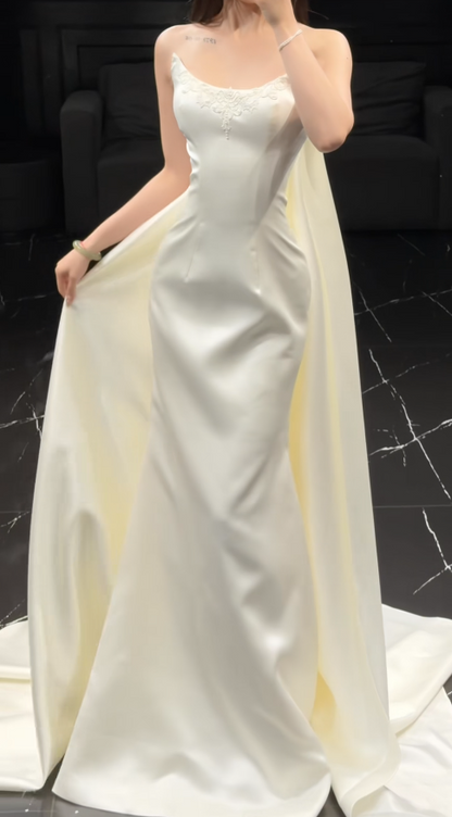 Chic White Sheath Satin Long Wedding Dress for Brides ED10476