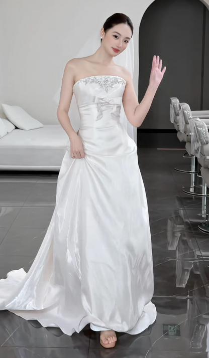 Chic White Sheath Satin Long Wedding Dress for Brides ED10477